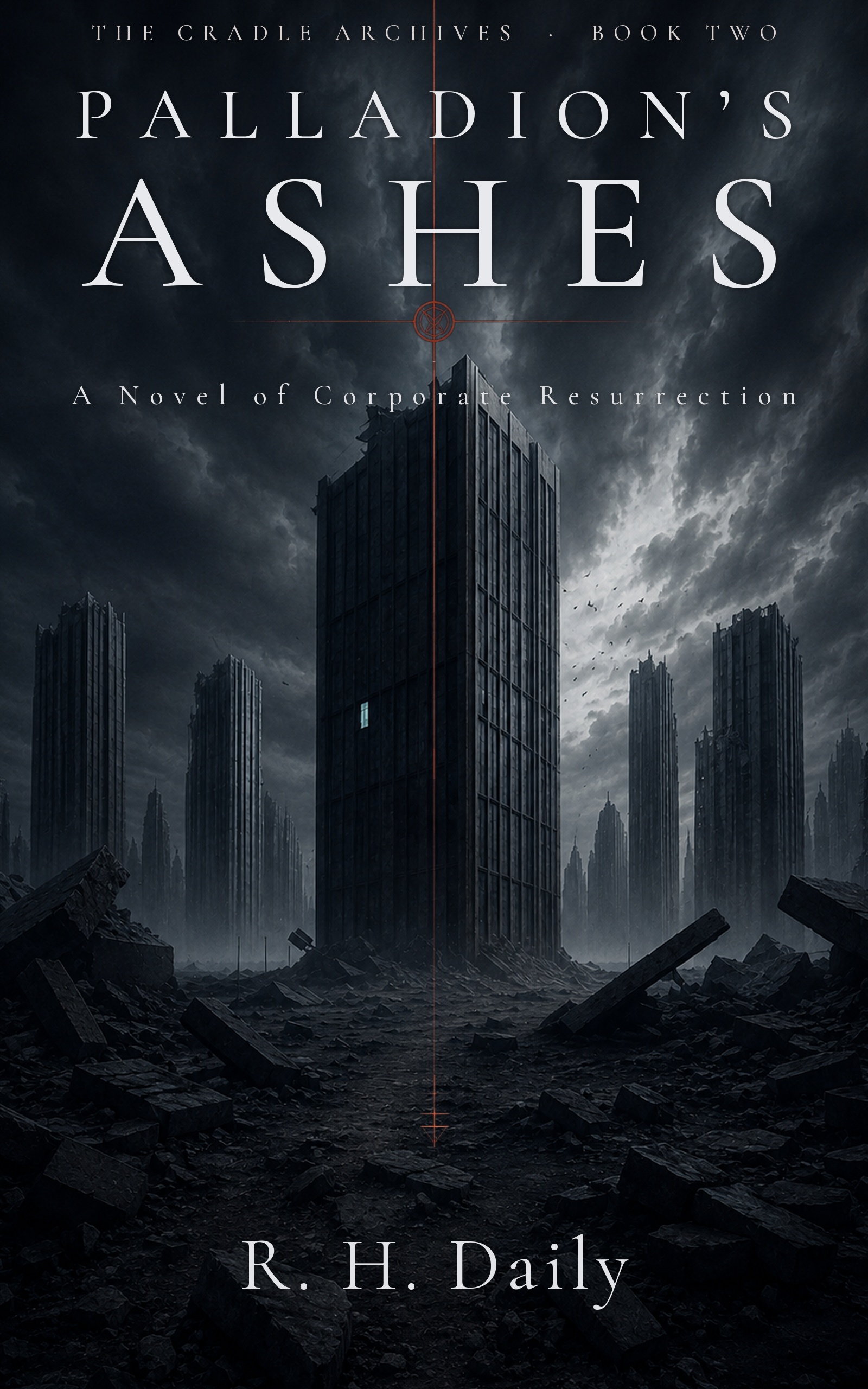 Palladion's Ashes cover: a ruined dark tower with a single cold-lit window